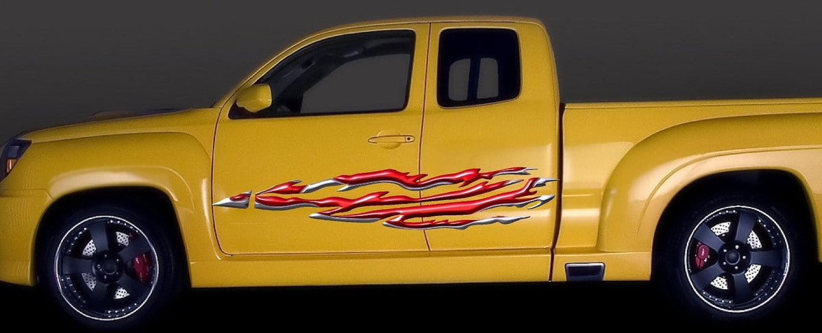 red flames vinyl decals on yellow truck